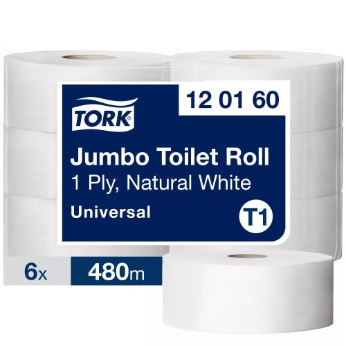 Tork Universal Jumbo toalettpapír 26cm átm. - 1 rétegű, fehér, 480m (Karton - 6 tek)