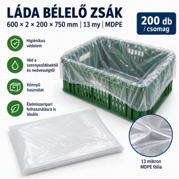Láda bélelő zsák, 600x2x200x750 mm 13 myc MDPE (600 db)