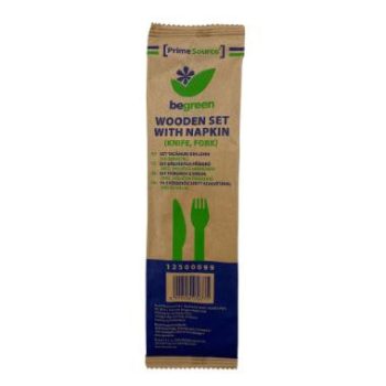   Csomagolt fa evőeszköz szett (2+1: villa, kés, szalvéta) - papírtasakban - 50 szett/csomag